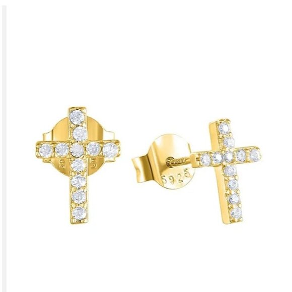 Dainty Cross Stud Earrings Pave CZ "Diamonds" Cross Studs Faith Jewelry Gift - Picture 1 of 12
